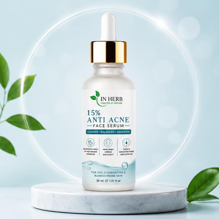 In Herb 15% Anti Acne Face Serum, Lightweight Daily Skincare Formula for Oily and Combination Skin Types, 30 ml