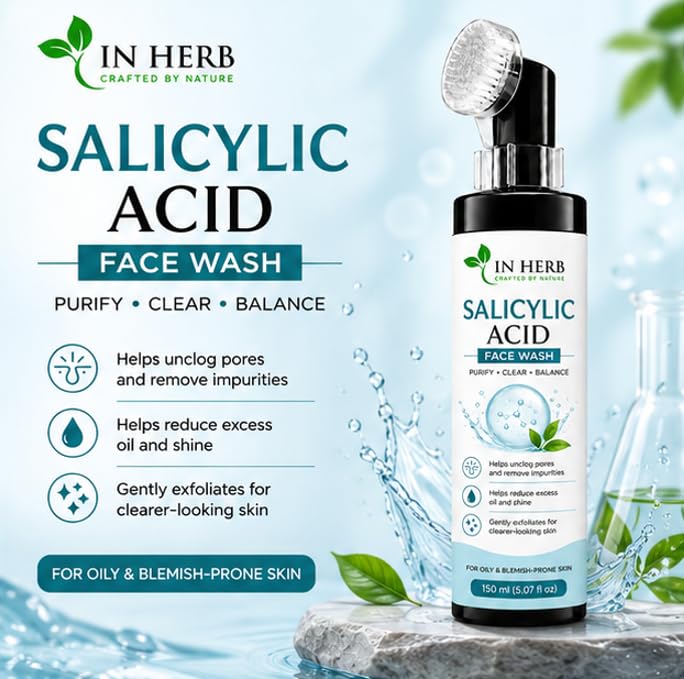 In Herb 1% Salicylic Acid Face Wash with Brush Applicator, Everyday Facial Cleansing Formula, 150 ml