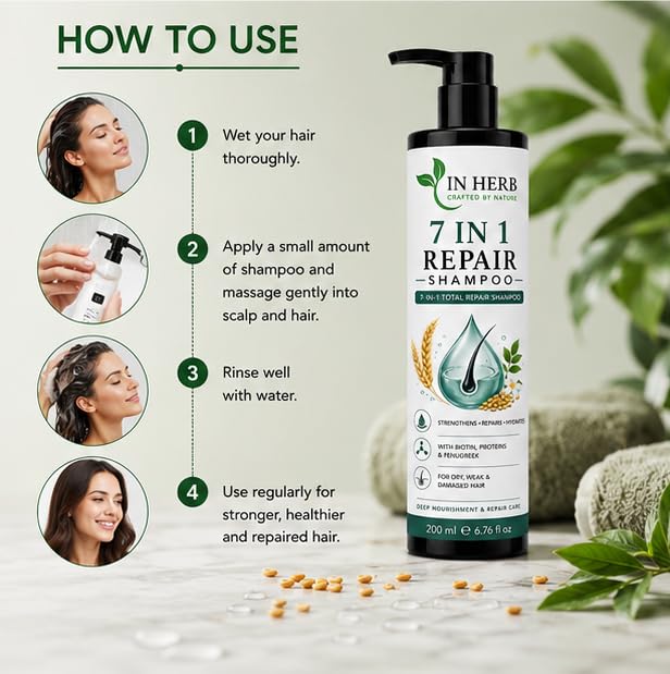 In Herb 7 in 1 Shampoo with Biotin, Proteins & Fenugreek, Daily Hair Cleansing Formula, 200 ml