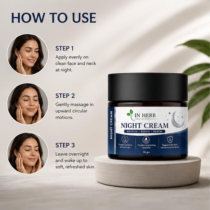 In Herb Night Cream with Long-Lasting Hydration for Daily Evening Skincare Routine, Lightweight Moisturizing Formula, 50 gm