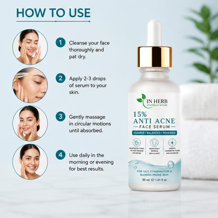 In Herb 15% Anti Acne Face Serum, Lightweight Daily Skincare Formula for Oily and Combination Skin Types, 30 ml
