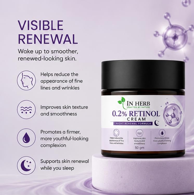 In Herb 0.2% Retinol Night Cream, Evening Skincare Formula with Retinol, Smooth Cream Texture for Daily Nighttime Use, 50 gm