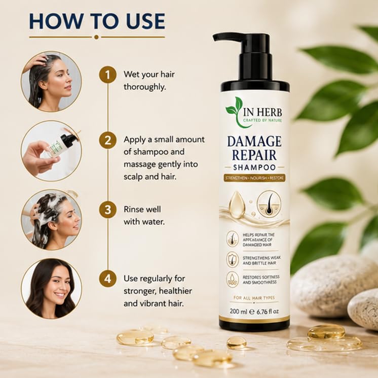 In Herb Damage Repair Shampoo, Everyday Cleansing Formula for Regular Hair Washing Routine, 200 ml