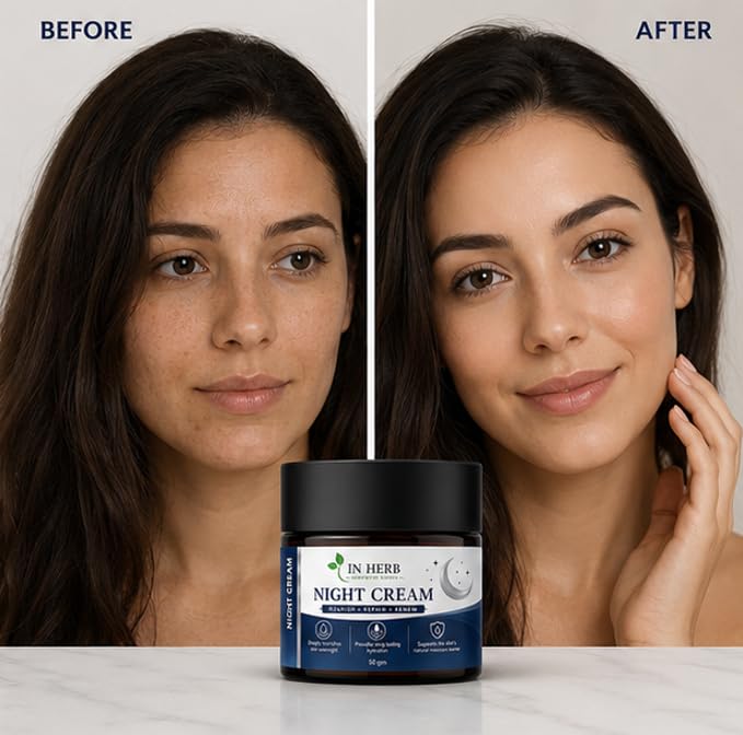 In Herb Night Cream with Long-Lasting Hydration for Daily Evening Skincare Routine, Lightweight Moisturizing Formula, 50 gm