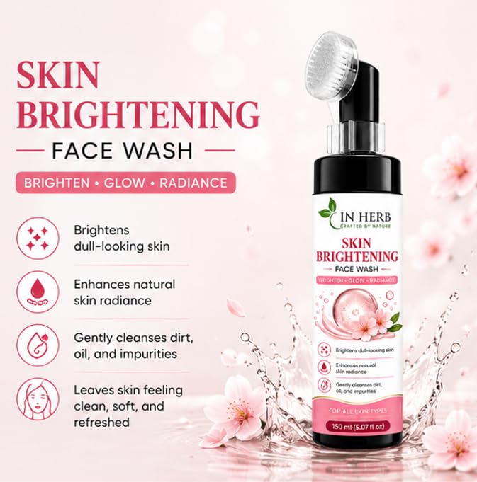 In Herb Skin Brightening Face Wash with Brush, Facial Cleansing Formula for Everyday Use, 150 ml