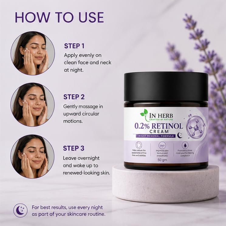 In Herb 0.2% Retinol Night Cream, Evening Skincare Formula with Retinol, Smooth Cream Texture for Daily Nighttime Use, 50 gm