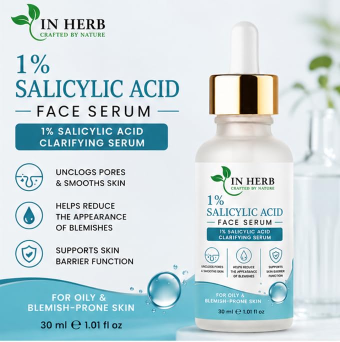 In Herb 1% Salicylic Acid Face Serum, Lightweight Daily Skincare Formula for Oily Skin Types, 30 ml