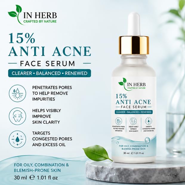 In Herb 15% Anti Acne Face Serum, Lightweight Daily Skincare Formula for Oily and Combination Skin Types, 30 ml