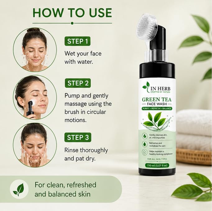 In Herb Green Tea Face Wash and Built-In Brush, Gentle Cleansing Formula for All Skin Types, 150 ml
