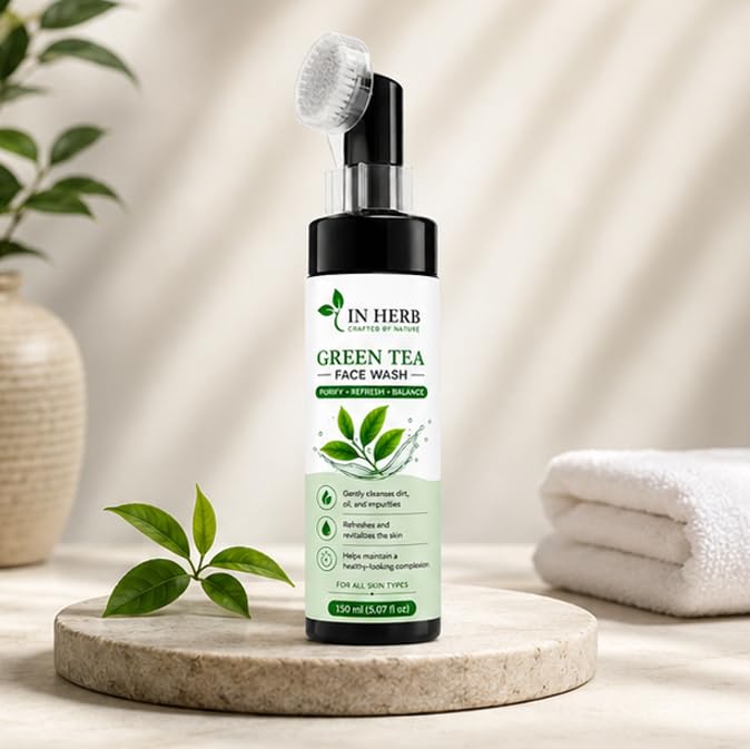 In Herb Green Tea Face Wash and Built-In Brush, Gentle Cleansing Formula for All Skin Types, 150 ml
