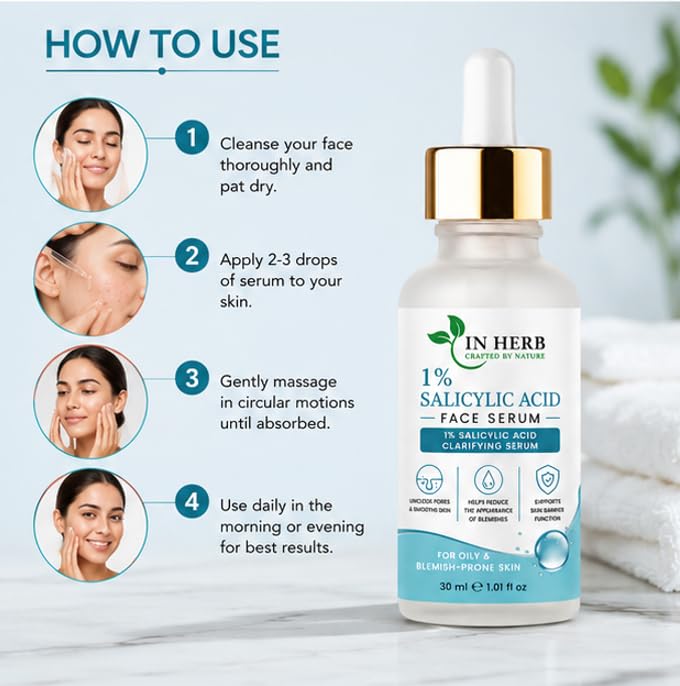 In Herb 1% Salicylic Acid Face Serum, Lightweight Daily Skincare Formula for Oily Skin Types, 30 ml