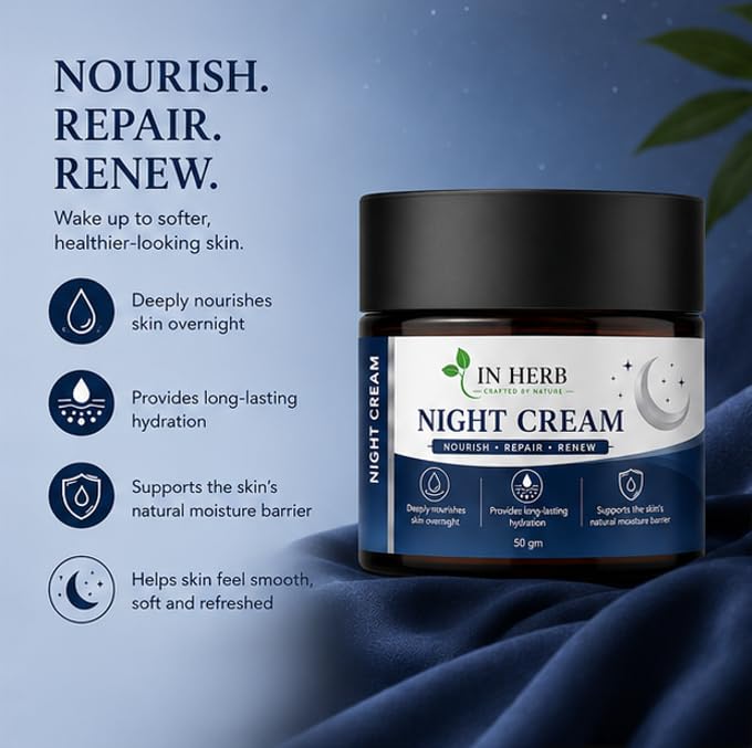 In Herb Night Cream with Long-Lasting Hydration for Daily Evening Skincare Routine, Lightweight Moisturizing Formula, 50 gm