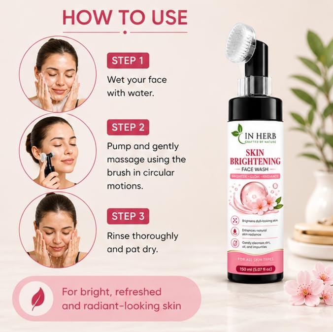 In Herb Skin Brightening Face Wash with Brush, Facial Cleansing Formula for Everyday Use, 150 ml