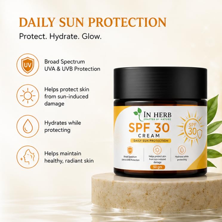 In Herb SPF 30 Cream, Daily Use Sunscreen with Broad Spectrum UVA & UVB Coverage, Lightweight Moisturizing Formula, 50 gm