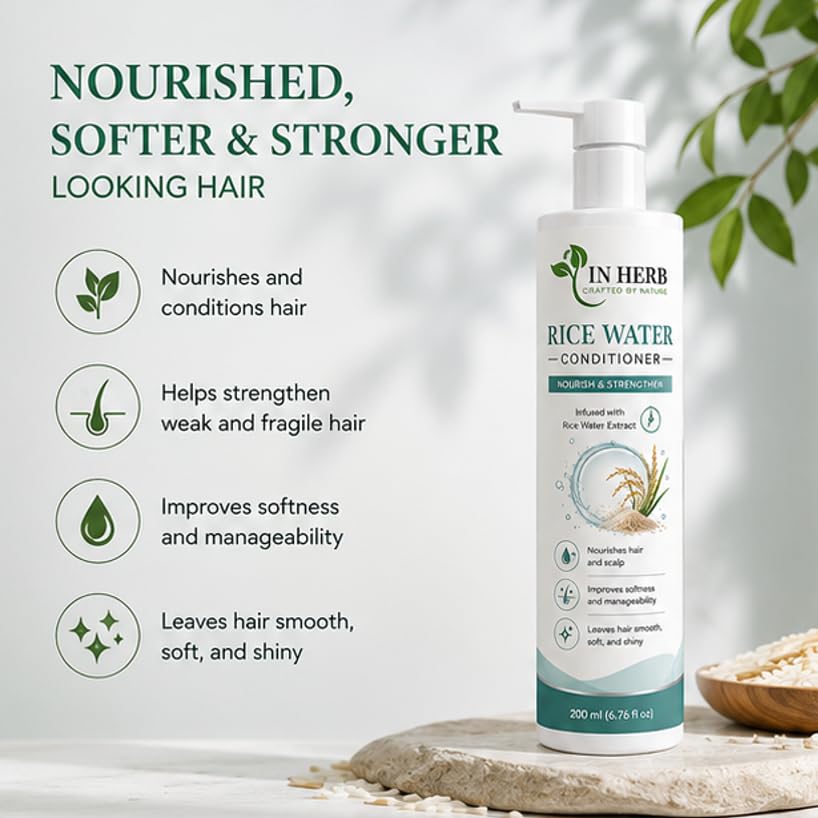 In Herb Rice Water Conditioner, Rice Water Infused Hair Conditioning Formula for Daily Hair Care, Suitable for All Hair Types, 200 ml