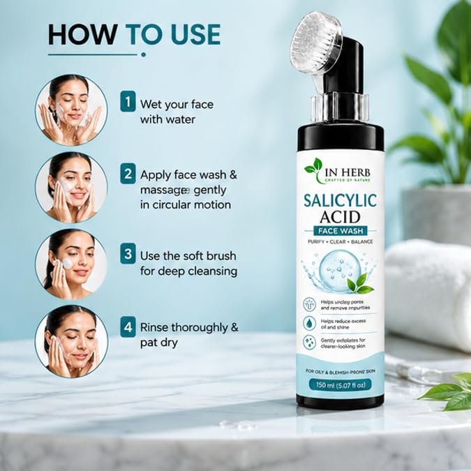 In Herb 1% Salicylic Acid Face Wash with Brush Applicator, Everyday Facial Cleansing Formula, 150 ml