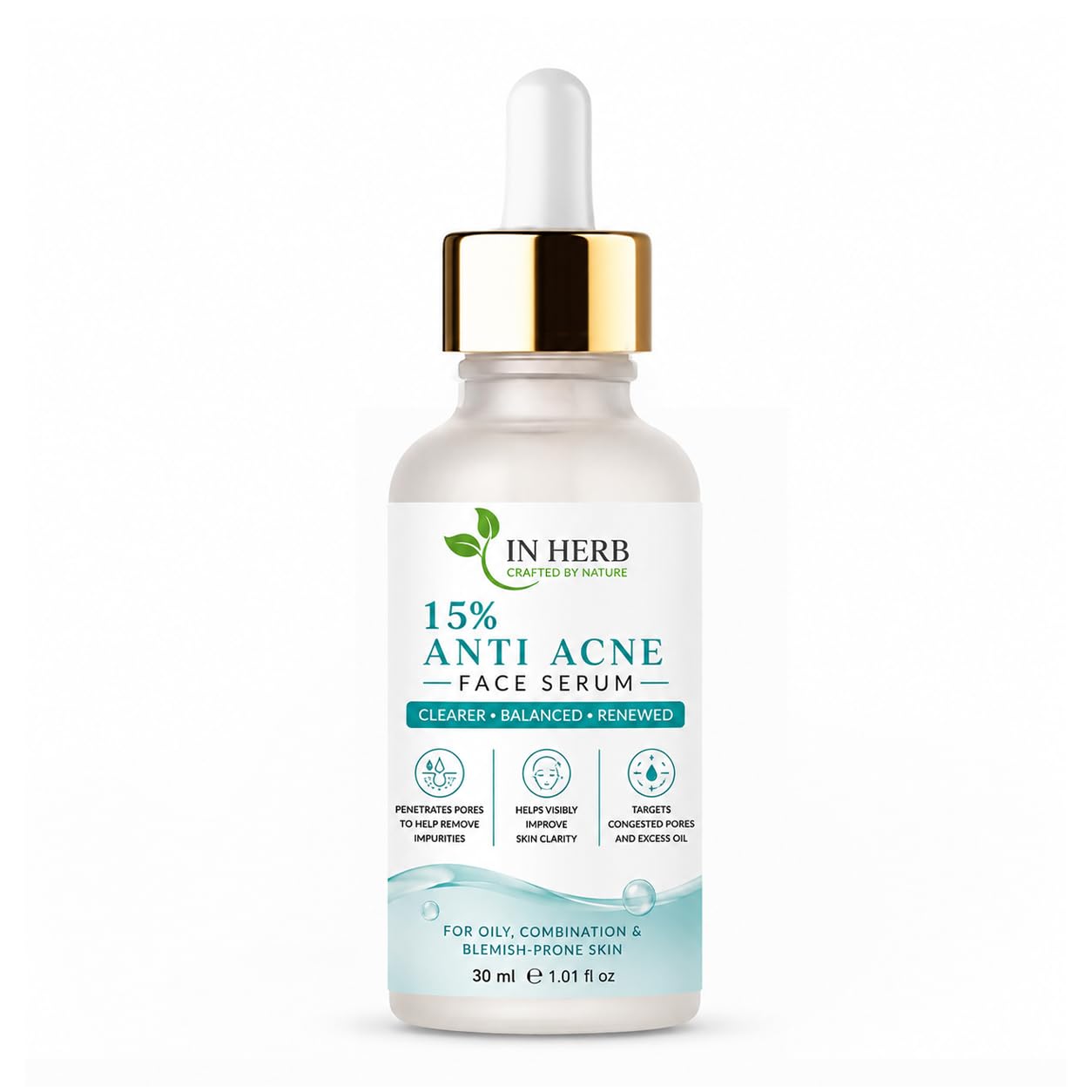 In Herb 15% Anti Acne Face Serum, Lightweight Daily Skincare Formula for Oily and Combination Skin Types, 30 ml