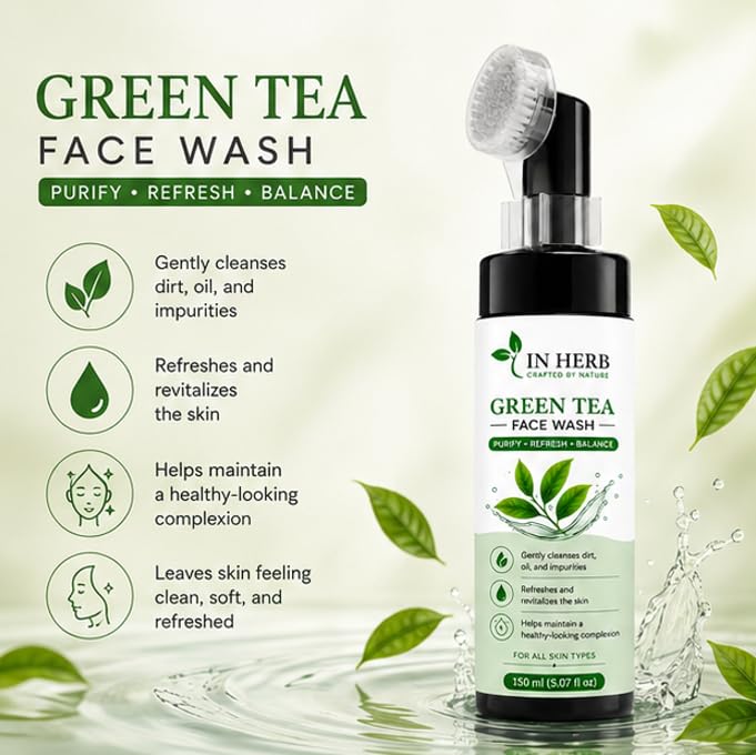 In Herb Green Tea Face Wash and Built-In Brush, Gentle Cleansing Formula for All Skin Types, 150 ml