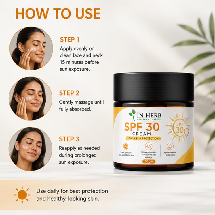 In Herb SPF 30 Cream, Daily Use Sunscreen with Broad Spectrum UVA & UVB Coverage, Lightweight Moisturizing Formula, 50 gm