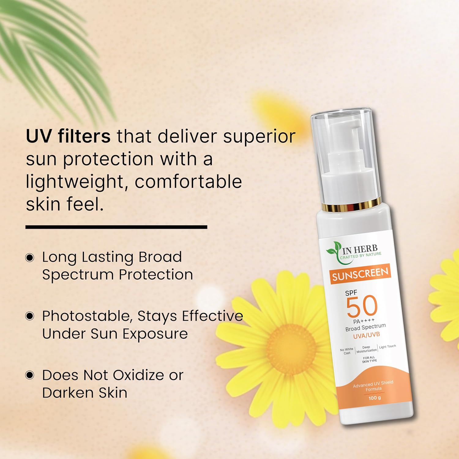 IN HERB SPF 50 PA++++ Broad Spectrum Sunscreen | UVA/UVB Protection | Lightweight Daily Sunscreen | 100g
